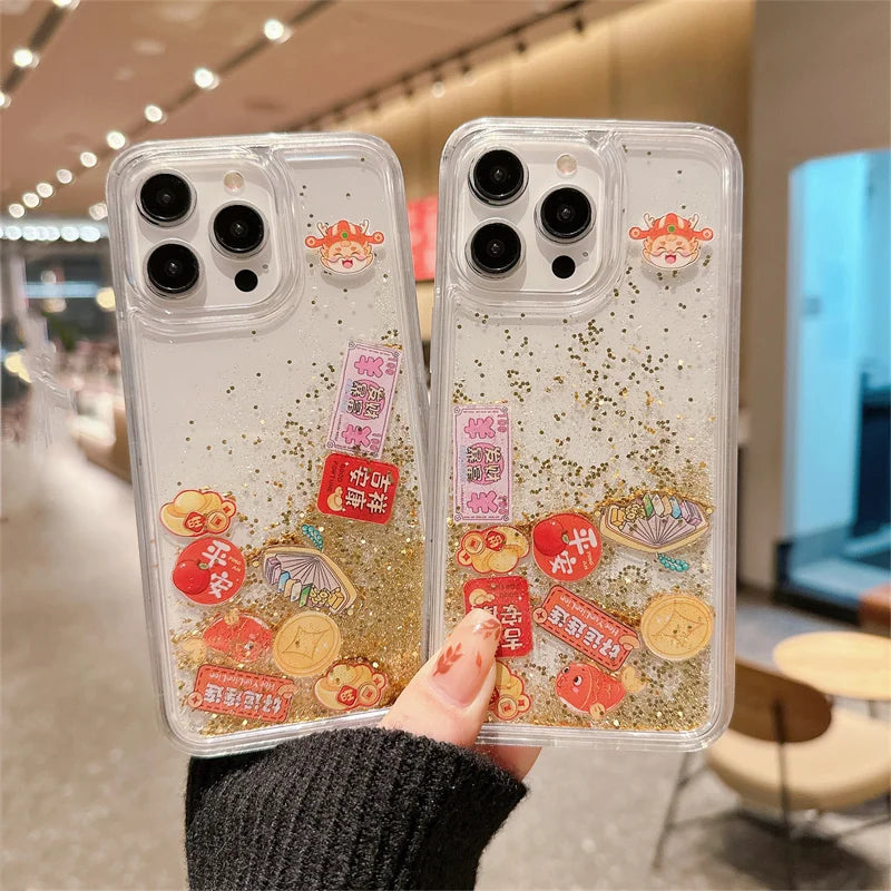 New 2024 Chinese Style For iPhone 14 15 Pro Max 16 Case Dynamic Quicksand Peace Auspiciousness Floating Elements in Phone Shells