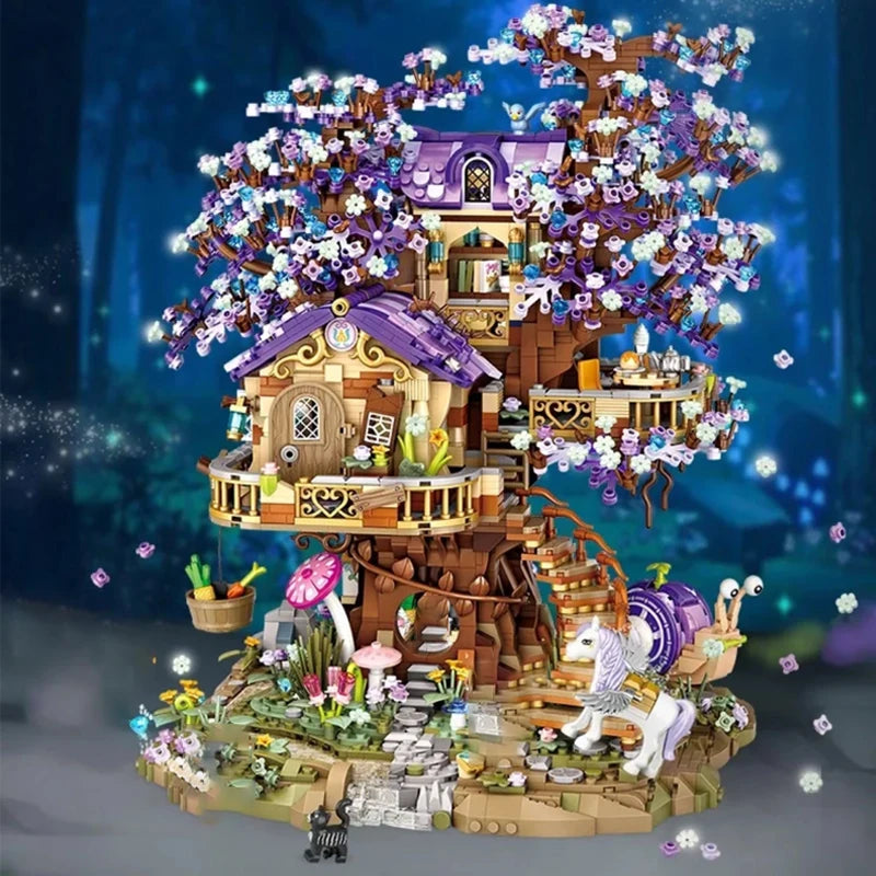 Creative LOZ Mini EIf Tree House Luminous Brick Building Blocks DIY City Street View Cherry Blossom Model Toys For Children Gift