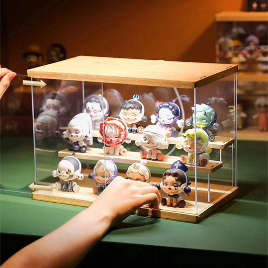 Wooden Display Box with Light Statuette Storage Box Acrylic Cartoon Doll Organizer Holder Figurines Case for POP MART Collect