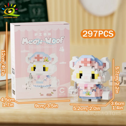 HUIQIBAO MINI Working Cat Pet Dog Micro Model Building Block Set Kids City Cartoon Animal Diamond Bricks Educational Toys Adult