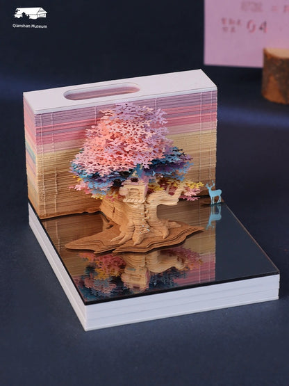 3D Stereo Note Paper Building Model Couple Cherry Blossom