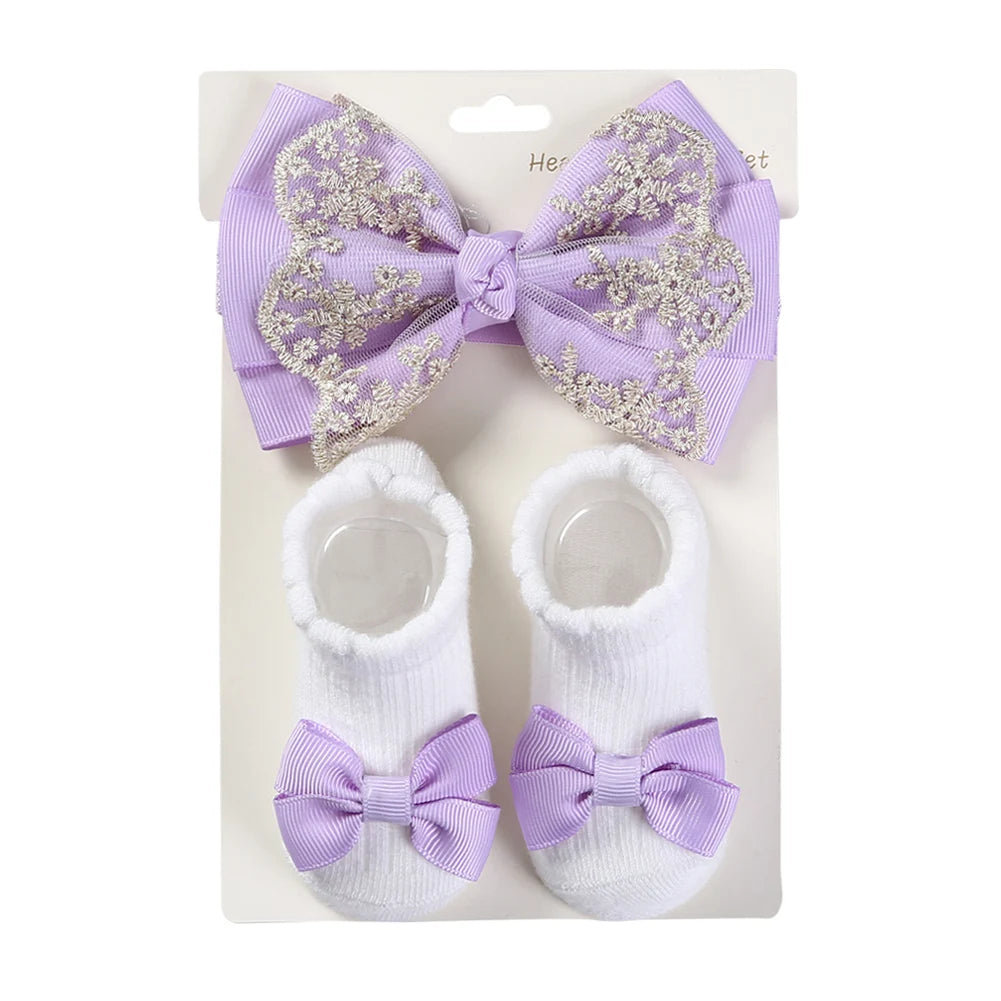 3Pcs/Set Solid Cotton Baby Non-Slip Socks Mini Ribbon Bow Boutique Gold Lace Elastic Hair Bands 0-12M Princess Girls Headwear