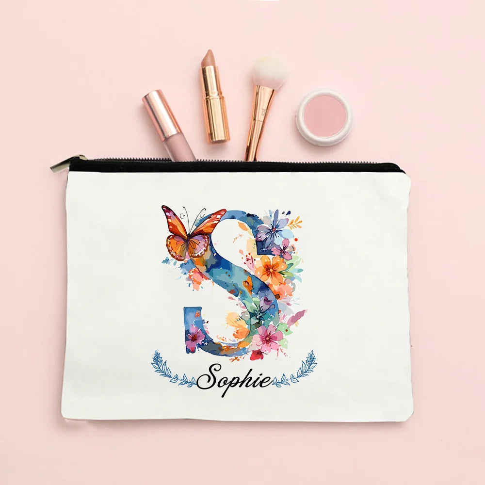 Personalized Initial with Name Makeup Bag for Women A-Z Cosmetic  Bags Girls Travel Toiletry Pouch Wedding Birthday Gift for Her