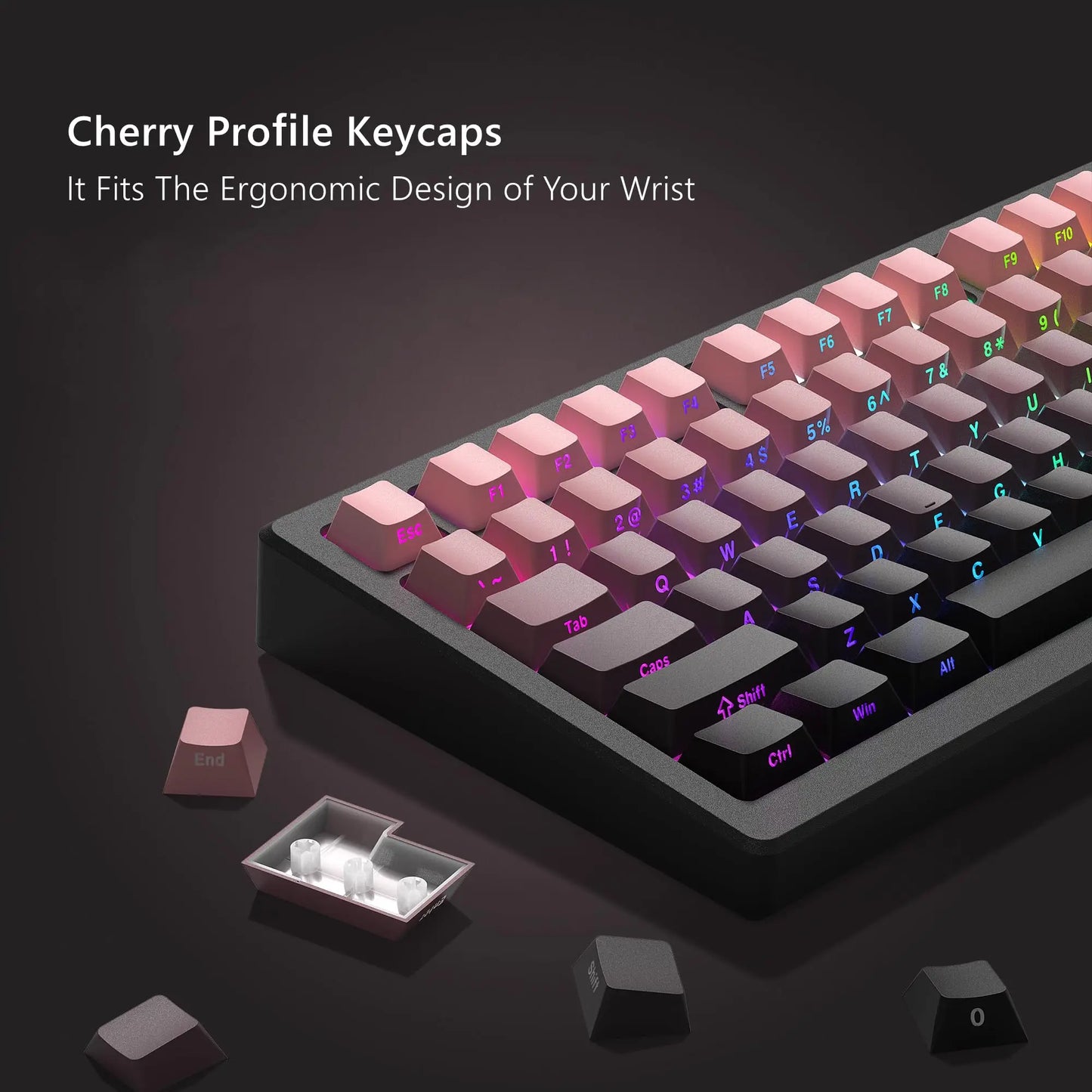 Black and Pink PBT Double Shot Keycaps Cherry Profile Side Print Shine Through Keycaps 136 Keys for MX Switches Gaming Keyboard