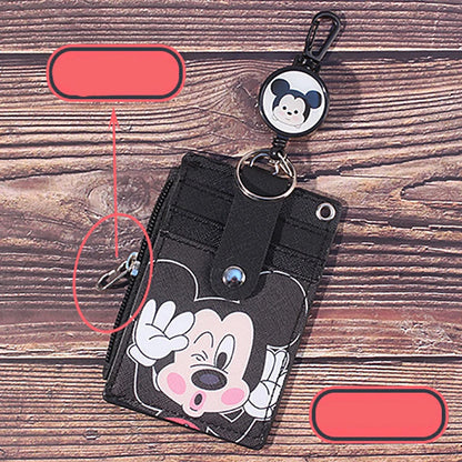 Disney Anime Mickey Hanging Neck Retractable Card Holder Campus Cartoon Stitch Id Card Shell Leather Case Bus Card Bag Gift