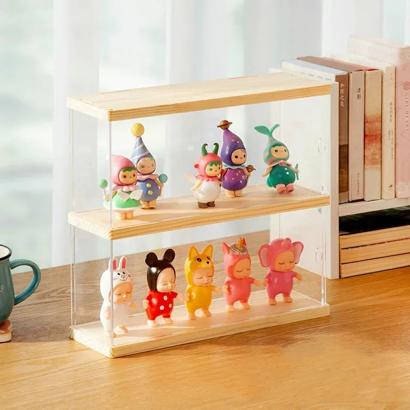 Wooden Display Box with Light Statuette Storage Box Acrylic Cartoon Doll Organizer Holder Figurines Case for POP MART Collect