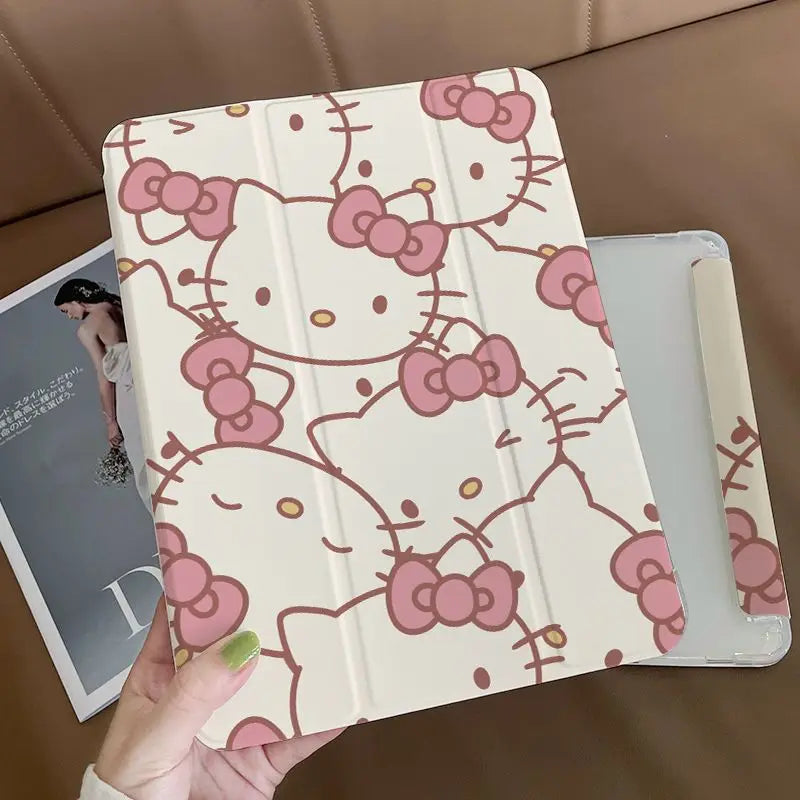 Sanrio Hello Kitty Ipad Protective Cover Tri-Fold Transparent Anime Kawaii KT Print Drop-Proof Waterproof Durable High Value New