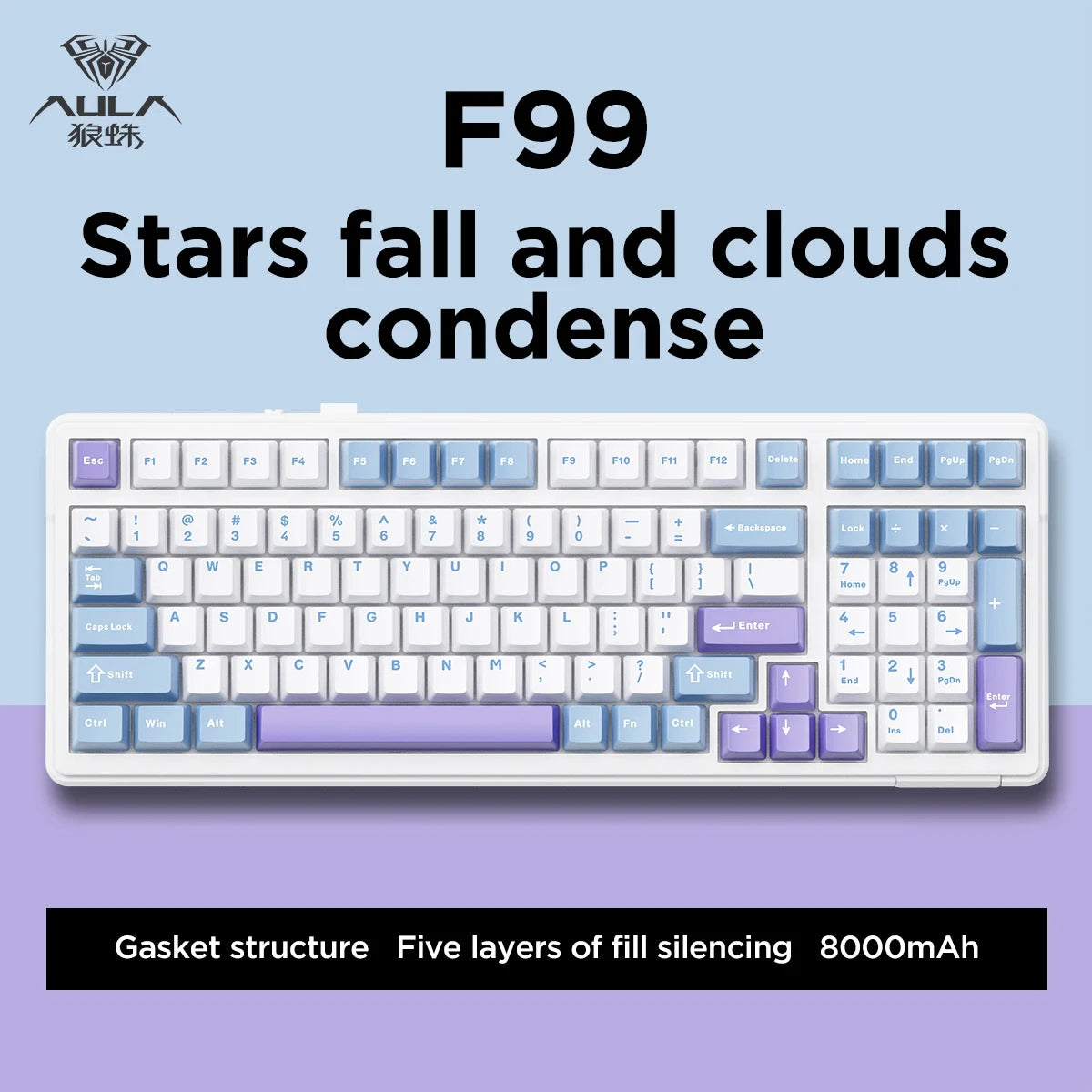 AULA F99 Machanical Keyboard Bluetooth 5.0/2.4G Wireless/Wired Gasket-mounted Gaming Keyboard 99 Keys Customizable Keyboards