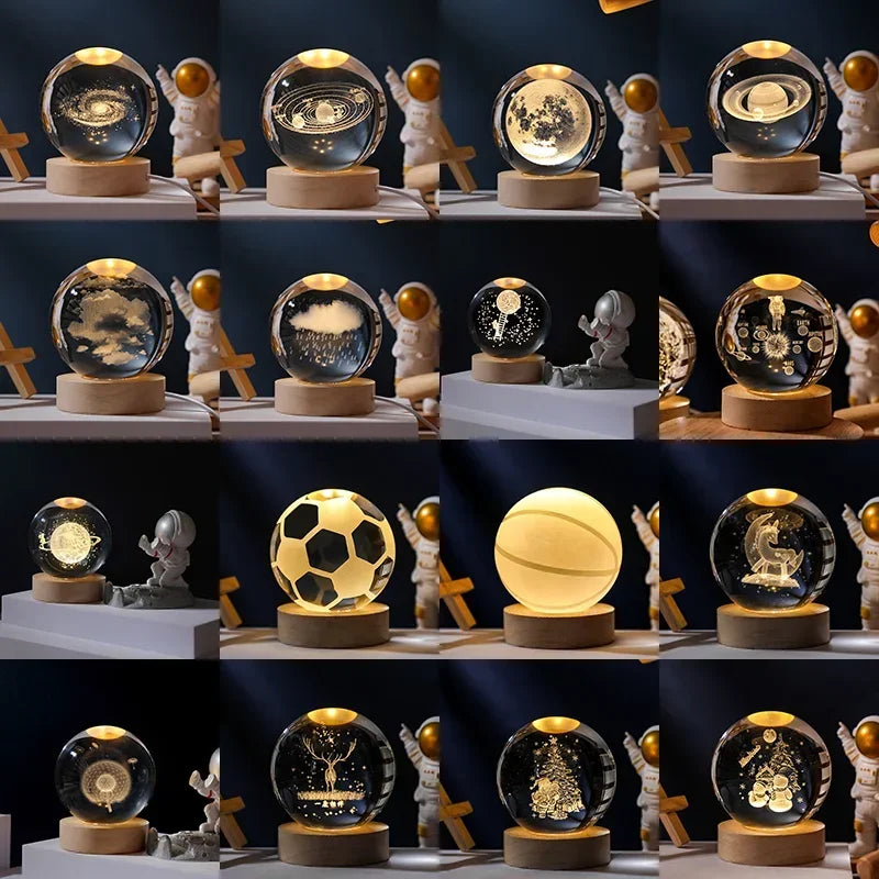 6/8cm 3D Crystal Ball Planet Night Light Laser Engraved Solar System Globe Astronomy Festival Gifts Home Desktop Decoration