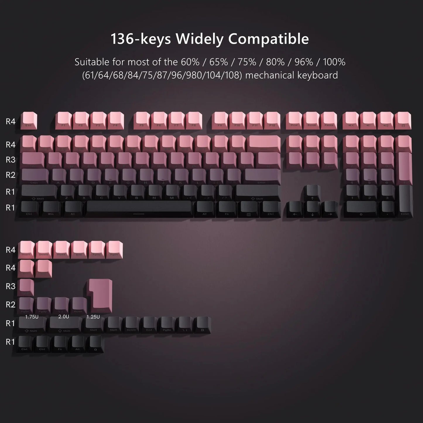 Black and Pink PBT Double Shot Keycaps Cherry Profile Side Print Shine Through Keycaps 136 Keys for MX Switches Gaming Keyboard