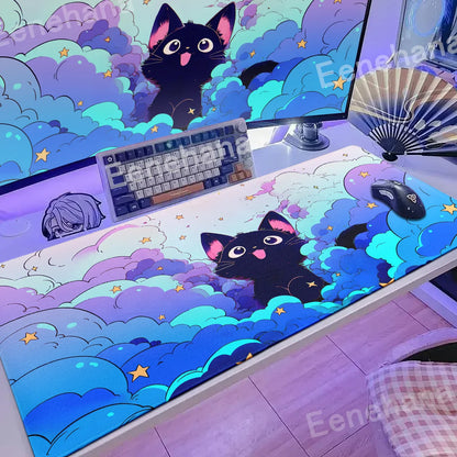 The Black Cat on the Clouds Keyboard Mouse pad Kawaii Art style patterns Pink Desk Mat PC Gamer Rug Office Carpet Home Table pad