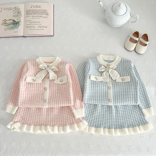 MILANCEL Spring Autumn Children's Clothing Set 1-5Y Girls Plaid Knitted Sweater and Skirt 2Pcs Trendy Girls Bow Cardigan Outfit