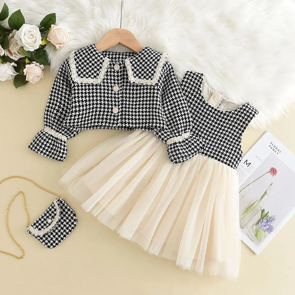 Children Girls Clothes Set Spring Autumn Girls Plaid Vest Dress Retro Outwear Coat 2 Pcs Fashion Baby Party Dress