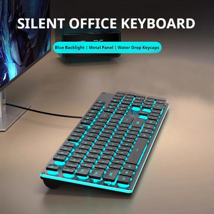 EWEADN GX710S Office Keyboard silent, All-Metal Panel 104 Keys Wired with Water Drop Keycaps, for Game and Office White & Black