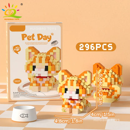 HUIQIBAO MINI Working Cat Pet Dog Micro Model Building Block Set Kids City Cartoon Animal Diamond Bricks Educational Toys Adult