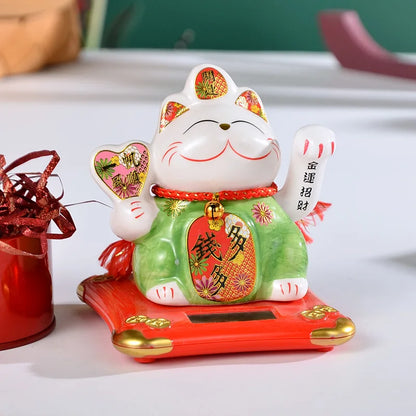 Solar Powered Lucky Cat Maneki Neko Home-Office Car Christmas Decoration Welcoming Chinese Lucky Cat Waving Hand Beckoning Decor