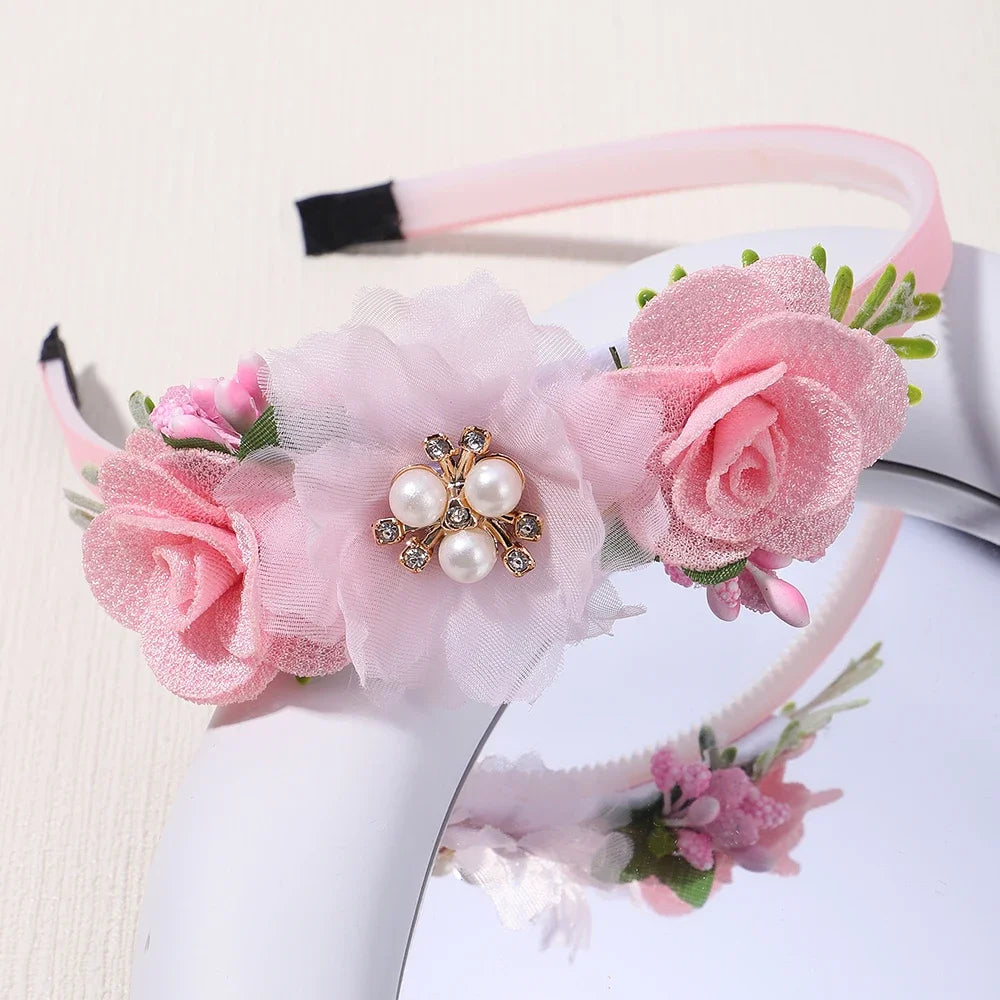 Handmade Head Flower Girls Headbands Baby Hairband Pearl Feather Wedding Princess Kids Dance Party Headwear Newborn Accessories