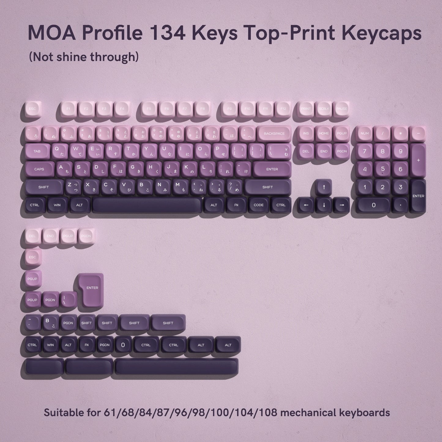 134 Keys MOA Profile Gradient Purple PBT Keycaps Customs Dye Sub Key caps for 61/87/104 Cherry MX Gaming Mechanical Keyboard