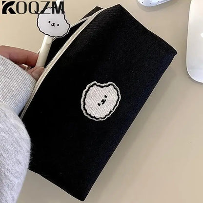 Black Puppy Canvas Pencil Case Cute Organizer Wallet Women's Makeup Handbag School Stationery Bag Pencil Phone Case Pouch