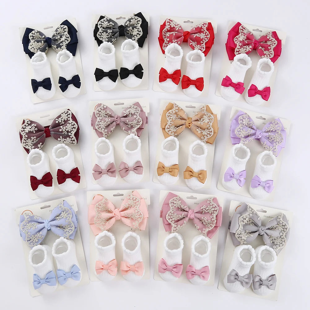 3Pcs/Set Solid Cotton Baby Non-Slip Socks Mini Ribbon Bow Boutique Gold Lace Elastic Hair Bands 0-12M Princess Girls Headwear