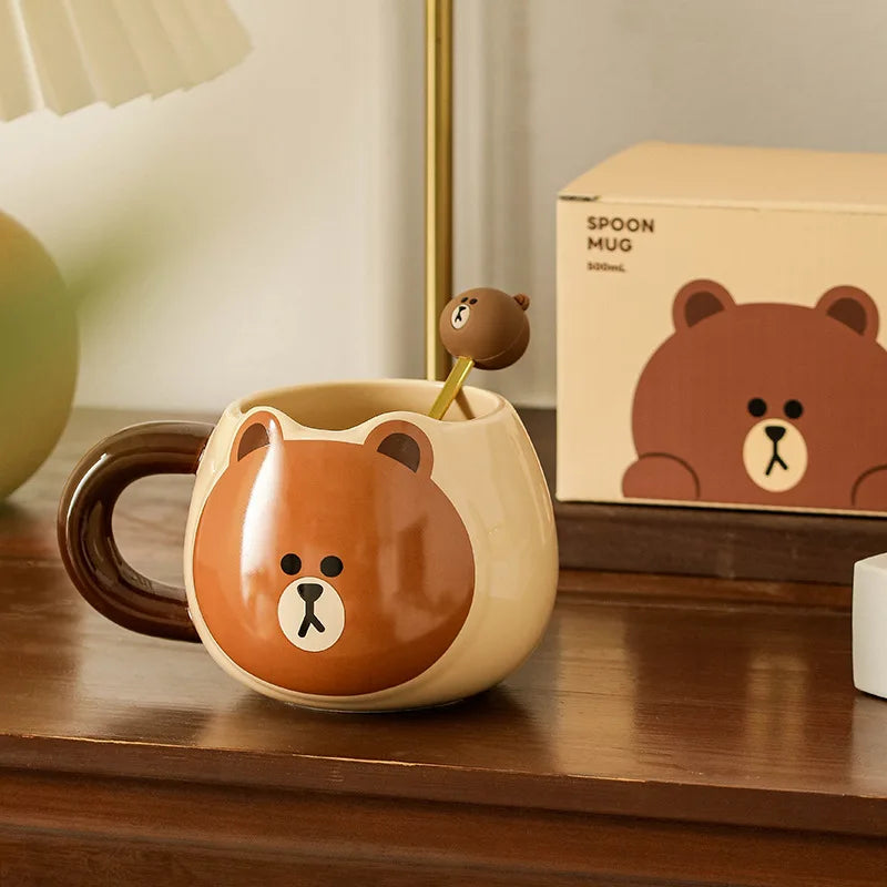 LINEFRIEND Brown Bear Big Belly Cup Ceramic Mug Cute Cartoon Breakfast Milk Coffee Cup Cup Spoon Set