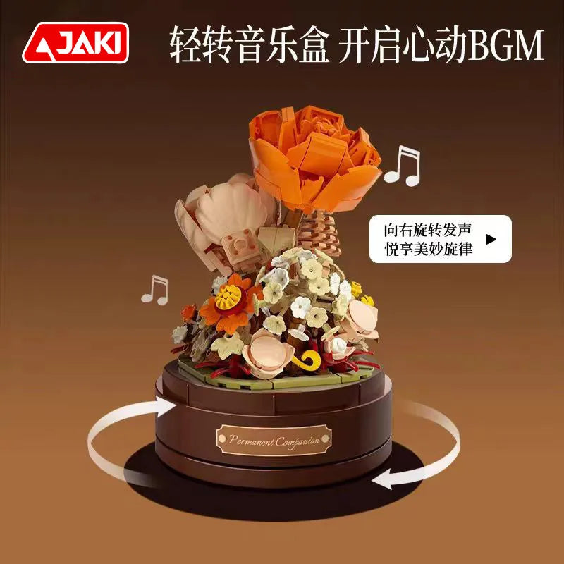 Jaki Building Block Flower Preserved Fresh Flower Rotating Music Box Rose Bouquet Assembled Toy Music Box Girl Gift