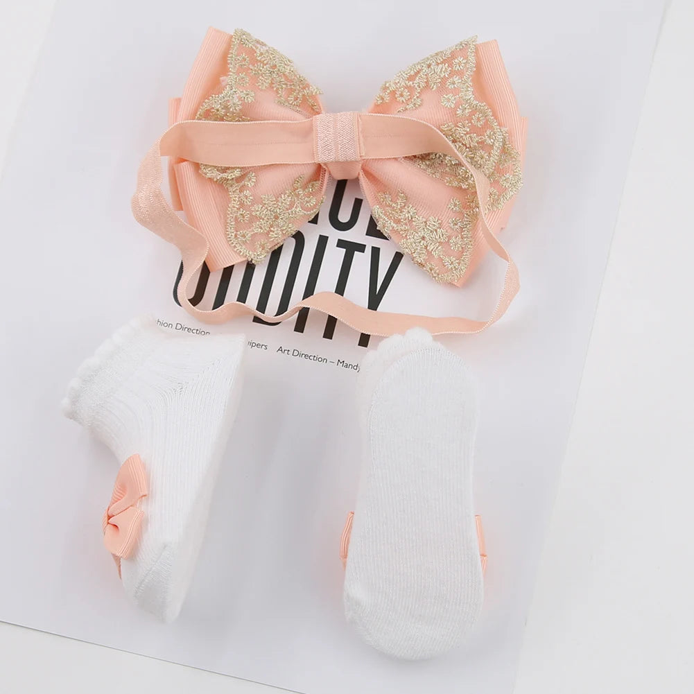 3Pcs/Set Solid Cotton Baby Non-Slip Socks Mini Ribbon Bow Boutique Gold Lace Elastic Hair Bands 0-12M Princess Girls Headwear