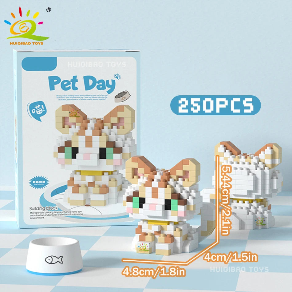 HUIQIBAO MINI Working Cat Pet Dog Micro Model Building Block Set Kids City Cartoon Animal Diamond Bricks Educational Toys Adult