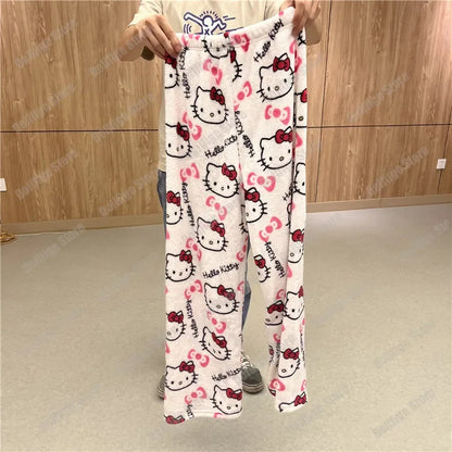 Sanrio Christmas Hello Kitty Pajamas Halloween Flannel Fashion Trouserswomen Kawaii Woolen Anime Cartoon Casual Home Pant Autumn