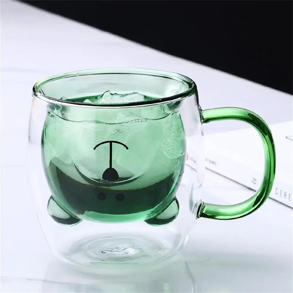 New 3D Bear Creative Transparent Heat-resistant Double Glass Cup Coffee Mug Milk Juice Teacup with Handle Christmas Kids Gift