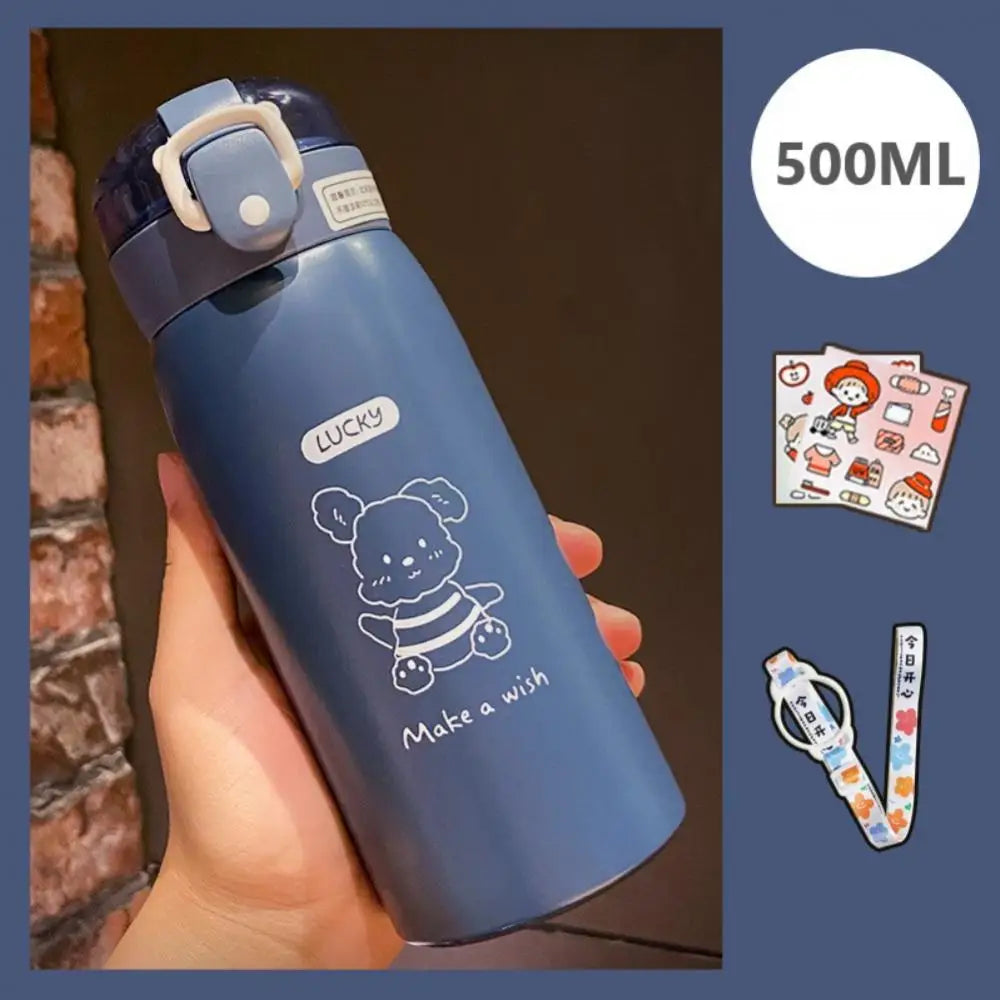 350ml/500ml Cute Water Bottle Thermos Cup Portable Kawaii Thermos Bottle with Straw and Stickers Kid Stainless Steel Thermal Mug