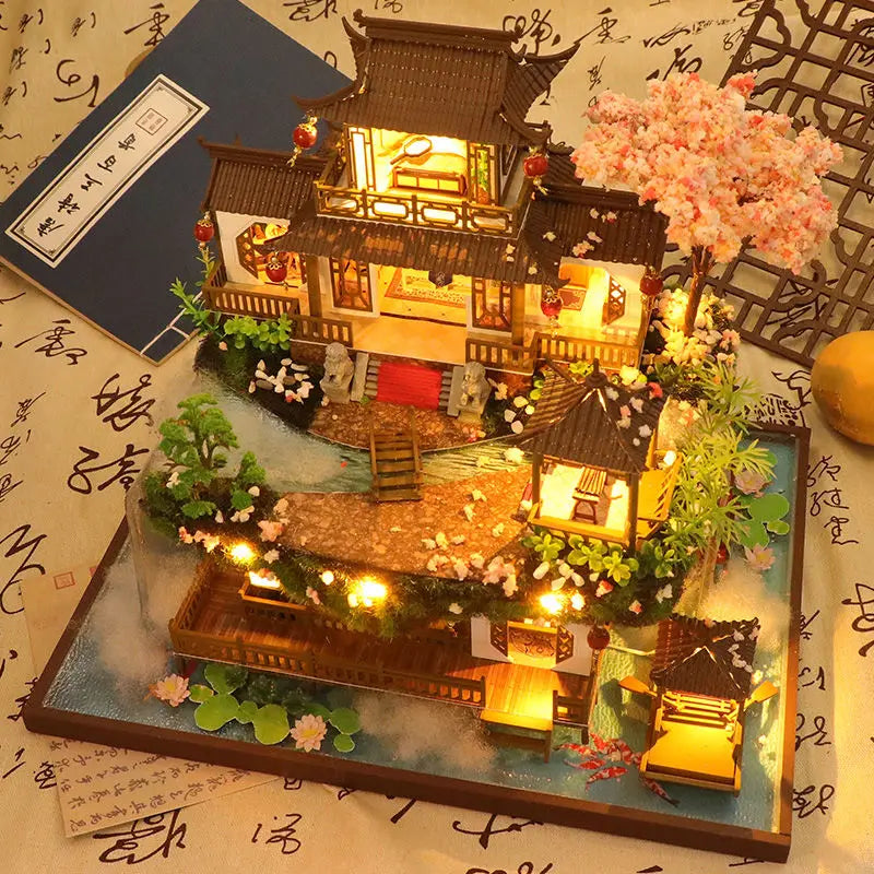 DIY Wooden Miniature Building Kit Doll Houses with Furniture Chinese Ancient Casa Dollhouse Handmade Toys for Girls Xmas Gifts