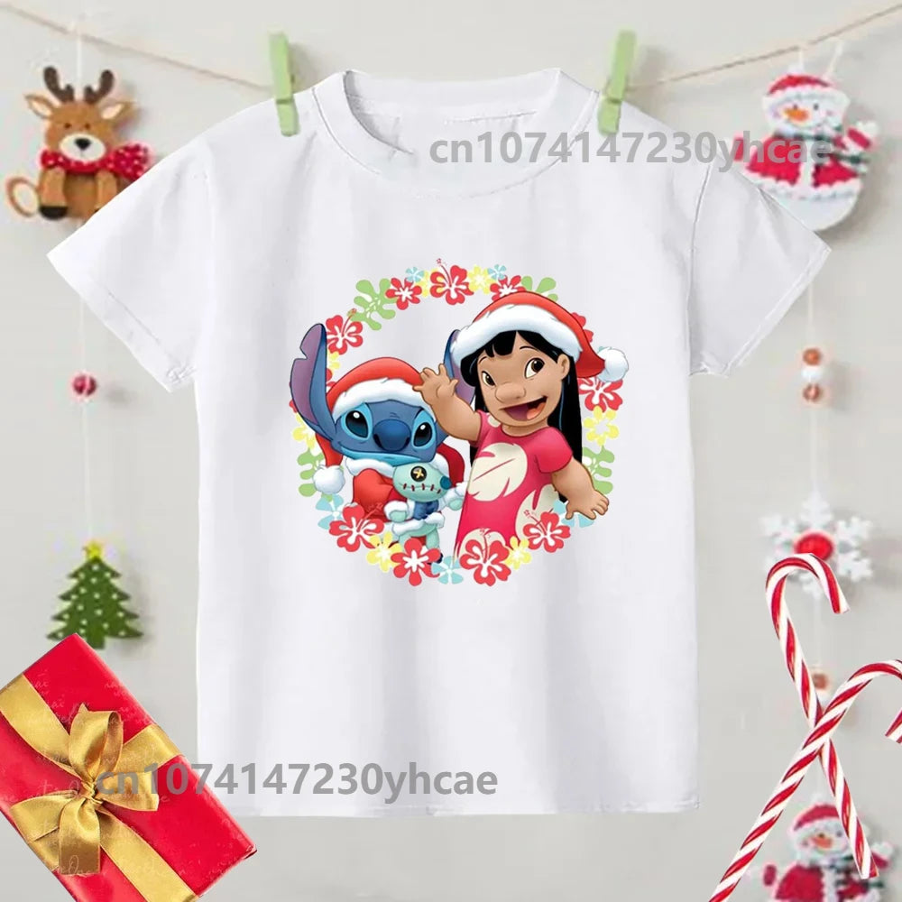 Merry Christmas Lilo Stitch Kids Tshirts Baby Holiday T-Shirt Tees Girls Party T Shirt with Clothes Kids Fashion Tops Tshirt