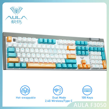 AULA F3050 2.4G+Wired Dual Mode Hot-swappable 108 Key Gaming Mechanical Keyboard Cool Light For Computer Gamers（Free 10 keycaps）