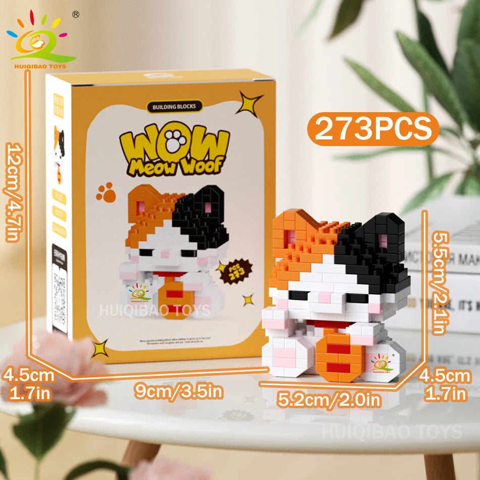 HUIQIBAO MINI Working Cat Pet Dog Micro Model Building Block Set Kids City Cartoon Animal Diamond Bricks Educational Toys Adult