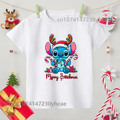 Merry Christmas Lilo Stitch Kids Tshirts Baby Holiday T-Shirt Tees Girls Party T Shirt with Clothes Kids Fashion Tops Tshirt