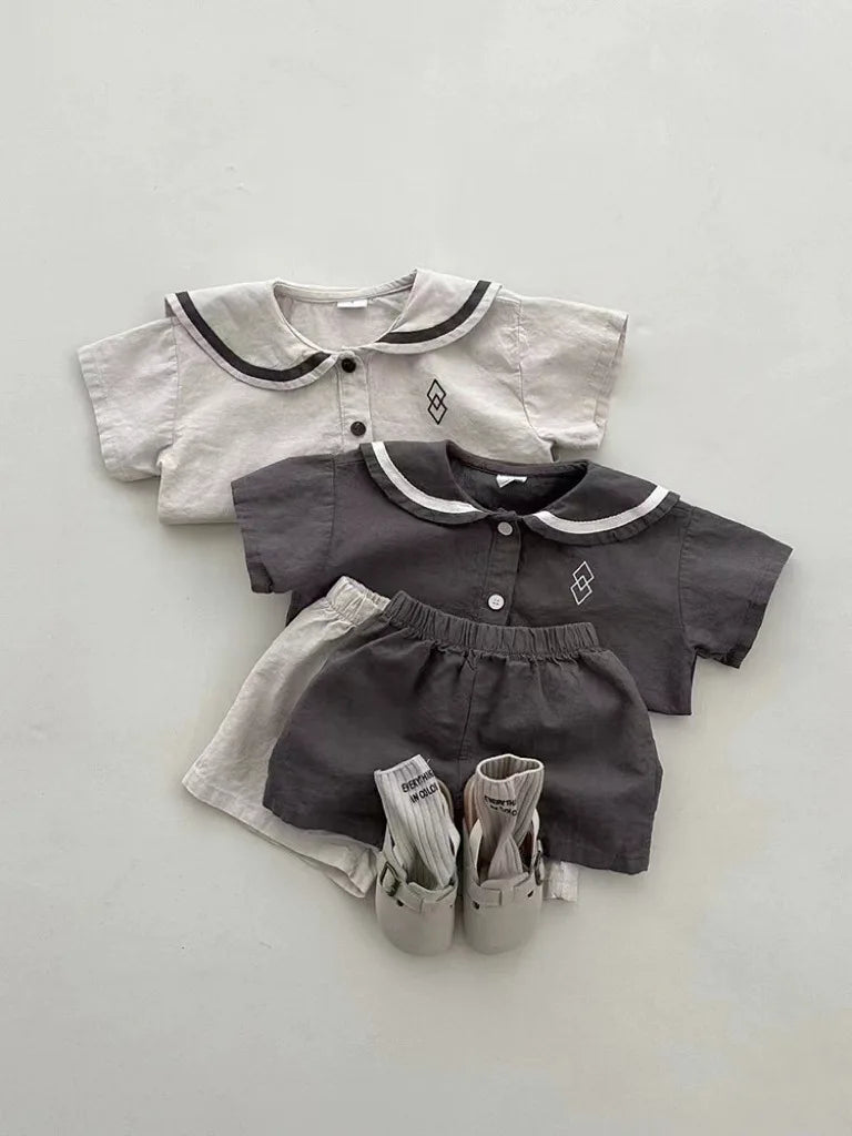 2025 Summer New Baby Short Sleeve Clothes Set Infant Boy Girl Casual Shorts Suit Toddler Navy Collar Geometry Patterns Outfits