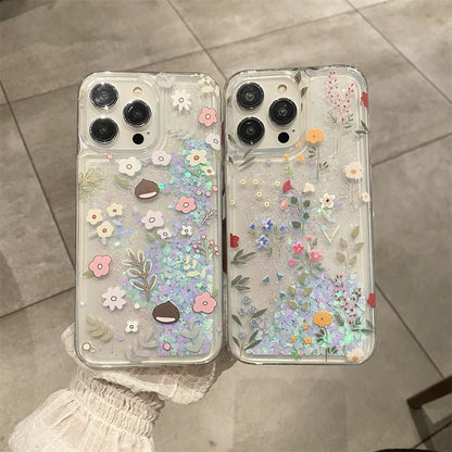 Flowers Glitter Liquid Quicksand Phone Case For iPhone 16 15 14 13 12 11 Pro Max Acrylic Cover Dynamic Sand Fundas Shell