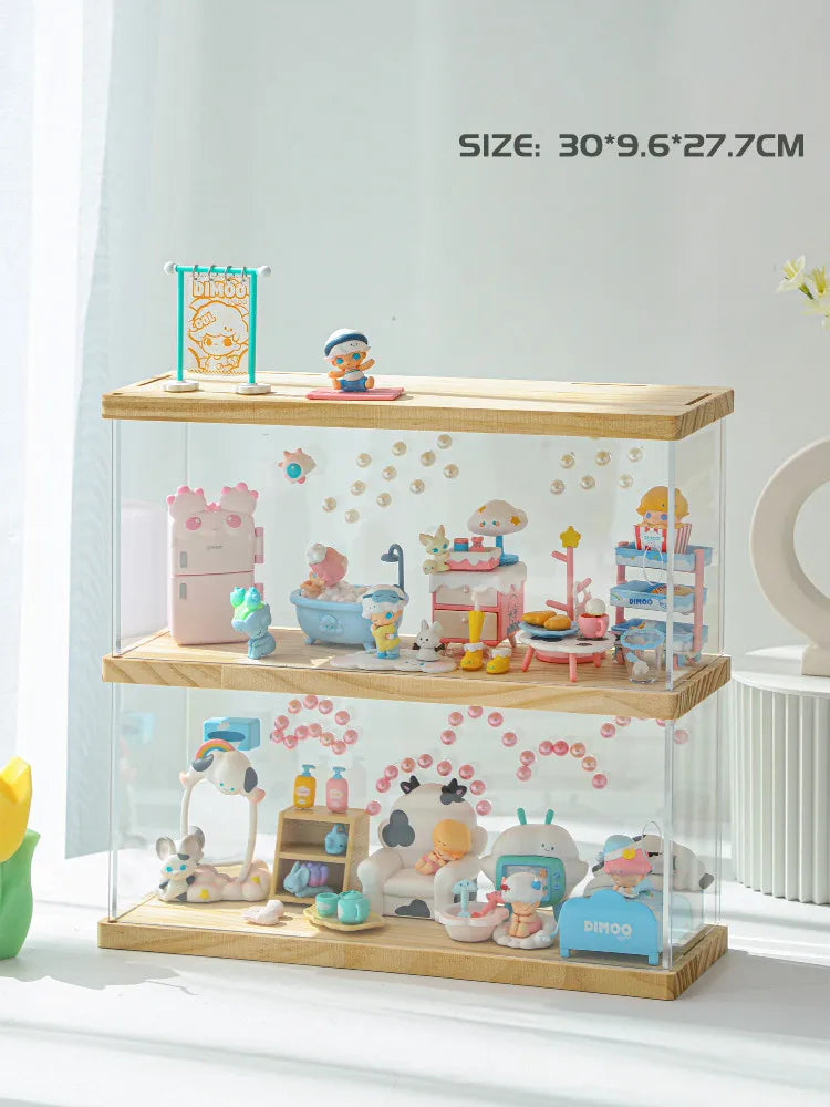 Wooden Display Box Blind Box Storage Box Acrylic Cartoon Doll Organizer Holder Figurines Case for Dimoo POP MART Collect