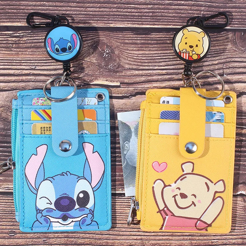 Disney Anime Mickey Hanging Neck Retractable Card Holder Campus Cartoon Stitch Id Card Shell Leather Case Bus Card Bag Gift