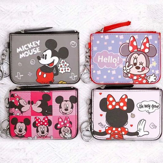 High Quanlity Cartoon Mickey Minnie PU Leather Card Holder Women Girls Zipper Change Purse Girls Mini Key Card Bag With Keychain