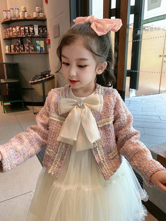 2PCS Sweet Outfits Kids Girls Princess Clothes Sets Spring Autumn Children Fashion Coat +Dress Vintage Outfits Suit