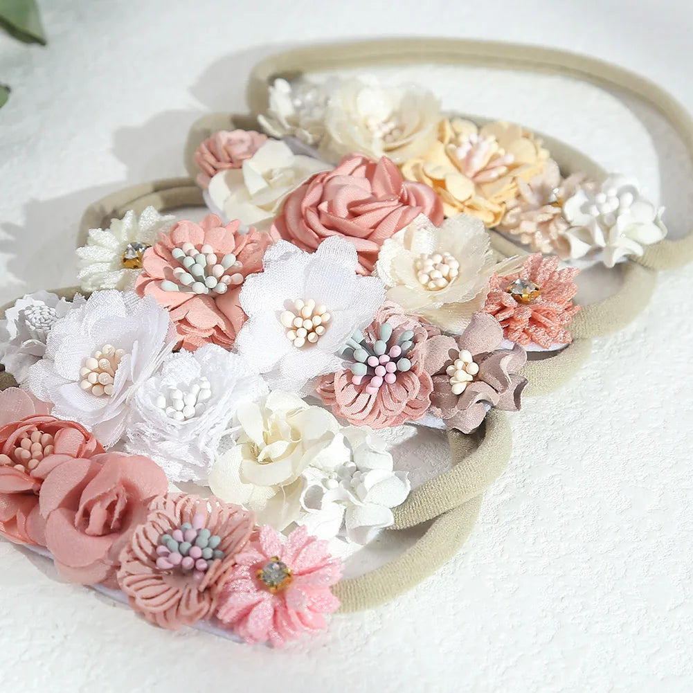 Artificial Flower Baby Headband Newborn Boys Girls Fake Floral Nylon Hair Bands Princess Rhinestone Hair Accessories