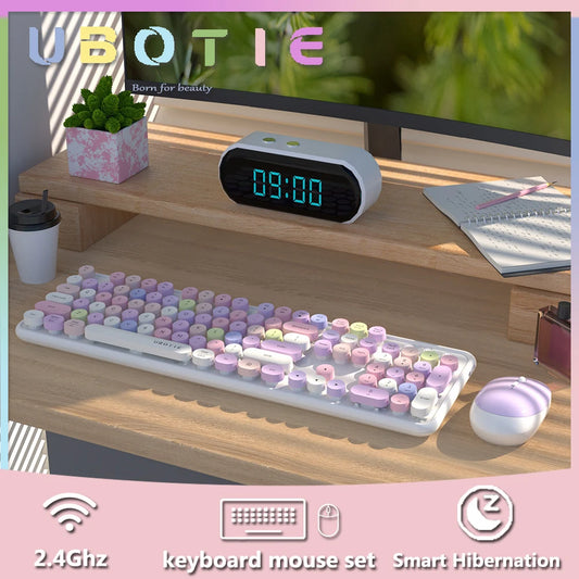 UBOTIE Colorful Wireless Keyboard and Mouse Combo 104 Keys Round Retro Keyboard with Number Pad Typewriter Good Gift for Girl