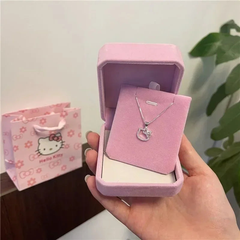 Kawaii Hello Kitty Sanrio Pink Crystal Necklace Silver Alloy Anime Jewelry Chain Female Charm Valentine Accessories Girl Gift