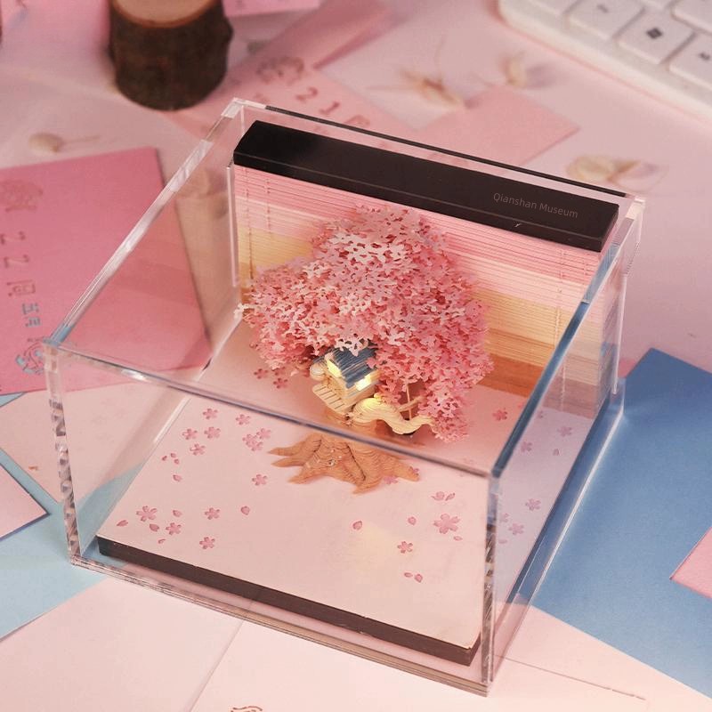 3D Stereo Note Paper Building Model Couple Cherry Blossom