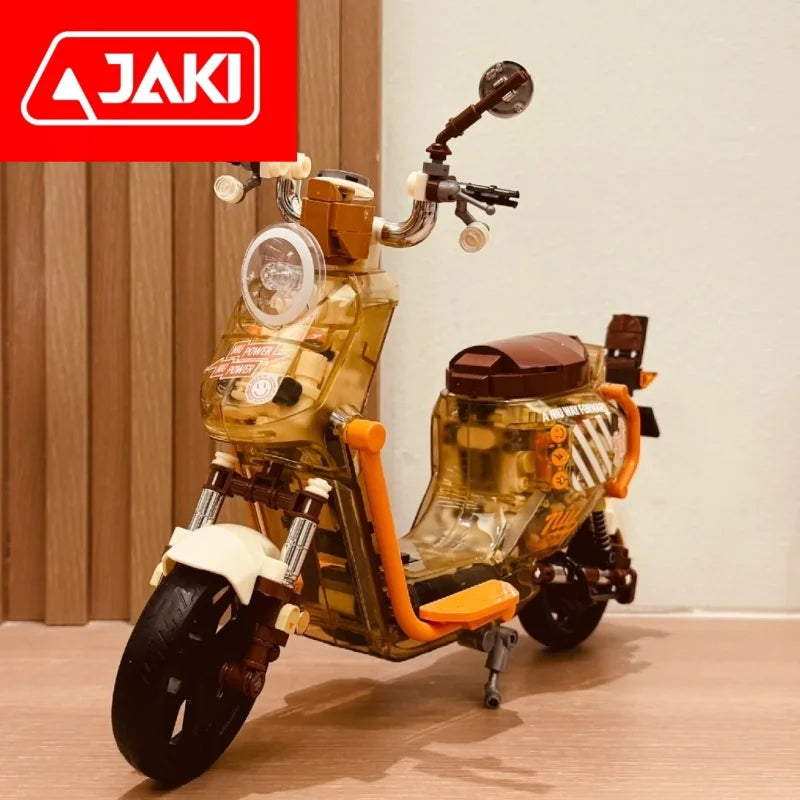 Genuine JAKI Building Blocks Motorcycle Models With Lights Electric Bicycle Toys Trendy Ornaments Girls New Year Gifts