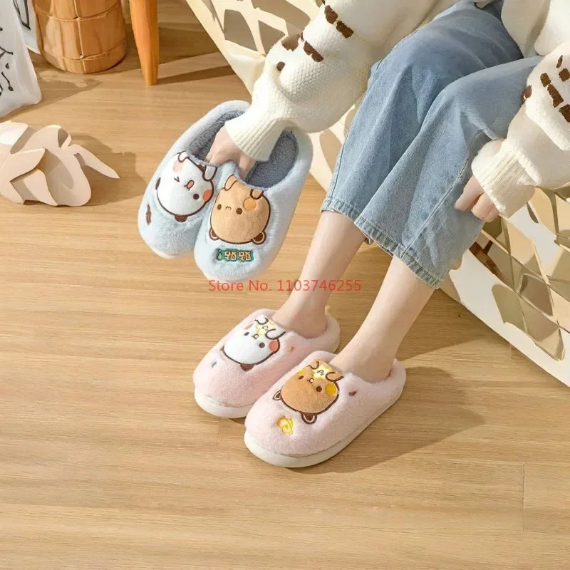 Anime Bubu Dudu Bear Plush Slipper Cartoon Couple Slippers Winter Leisure Home Outdoor Anti Slip Thick Bottom Cotton Shoes Warm