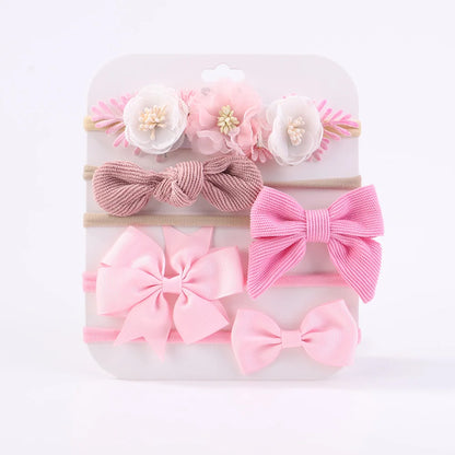 Sweet Elastic Headbands for Baby Girl New Bowknot Knit Nylon Headbands 5Pcs/set Pretty Flower Hairbands Decoration Headwear