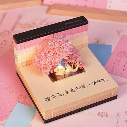 3D Stereo Note Paper Building Model Couple Cherry Blossom